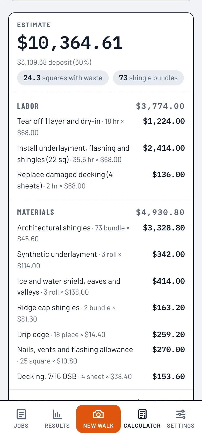 Roofing calculator estimate