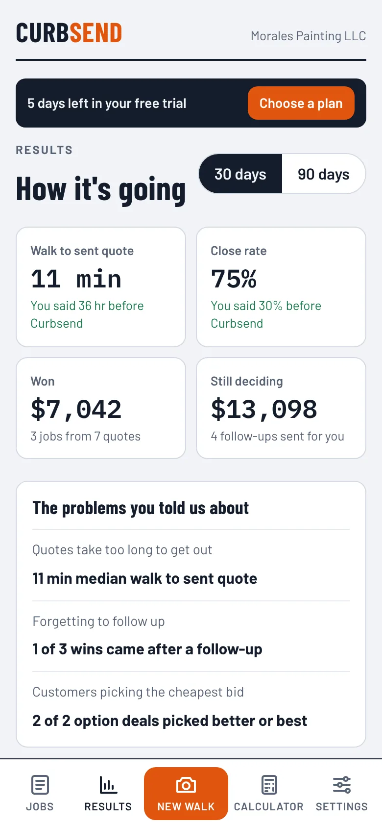 Results screen comparing numbers to the starting point